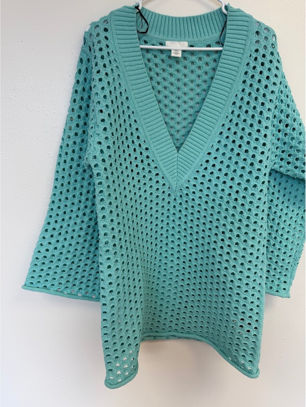 H&M Women's Aqua Blue Open Knit V-Neck Sweater Size S
